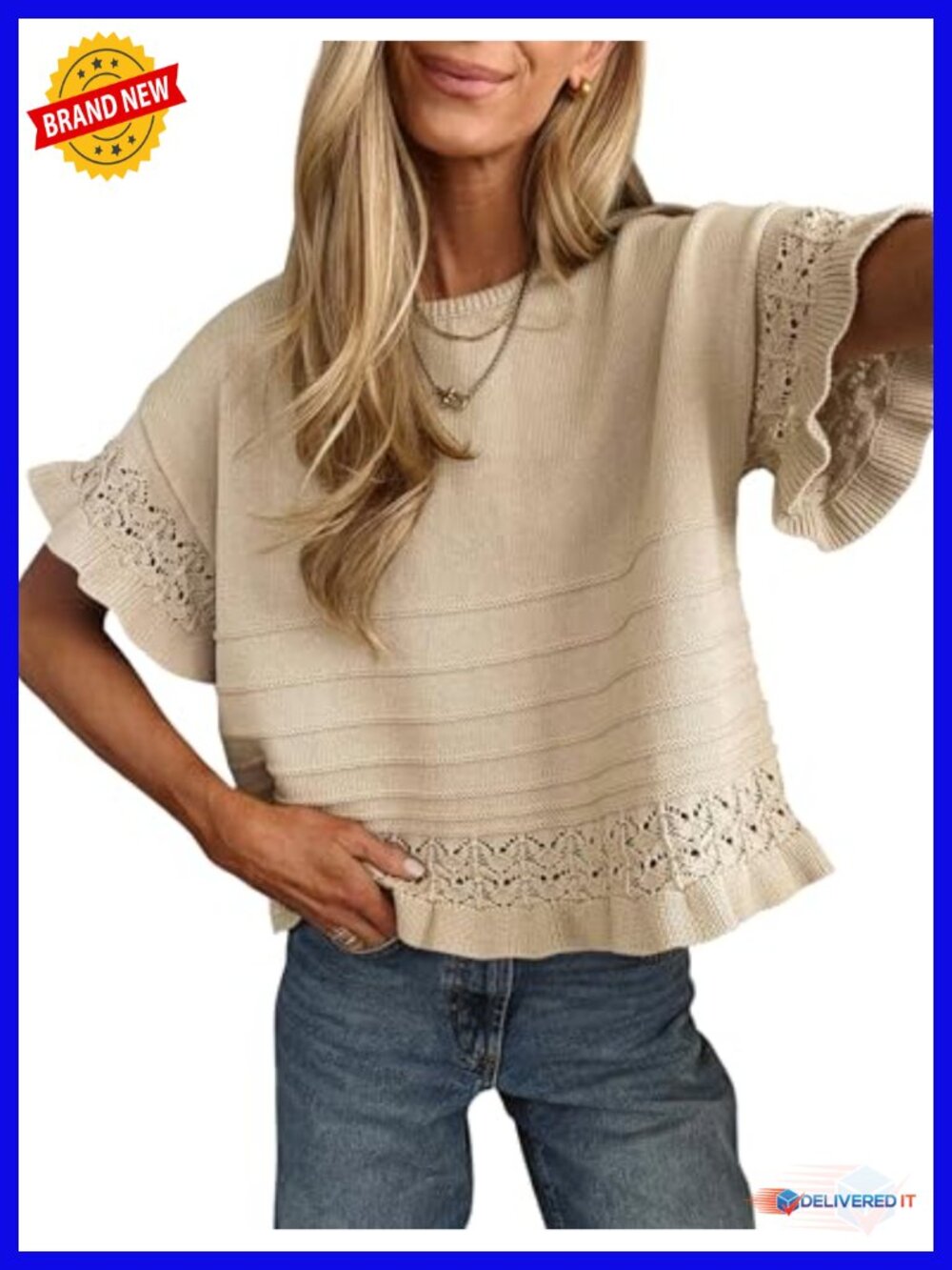 Womens Short Sleeve Sweater Round Neck Ruffled Hem Knit Crochet Pullover Summer